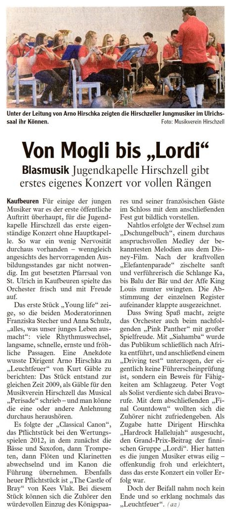 Pressebericht - Jugendkonzert 2012 im Pfarrsaal St.-Ulrich, Kaufbeuren - Musikverein Hirschzell, Kaufbeuren