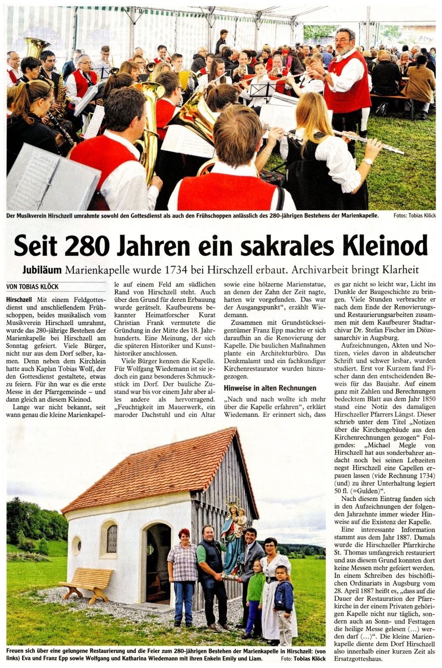 Pressebericht - 2014 280-Jahre Marienkapelle, Hirschzell - Musikverein Hirschzell, Kaufbeuren
